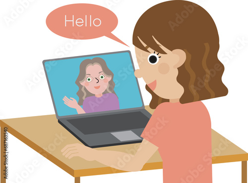 オンラインで英話で挨拶をしている日本人女性の斜め後ろアングルのイラスト 