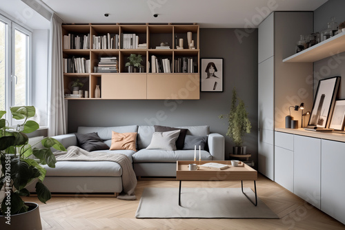 A compact studio apartment with space-saving furniture and multifunctional design, coziness and functionality with Scandinavian-inspired space-saving solutions in modern interiors © Kate Simon
