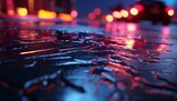 AI generated illustration of a city street illuminated by wet asphalt background with neon light