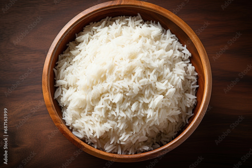 Cooked plain white basmati rice in terracotta bowl over plain or wooden background