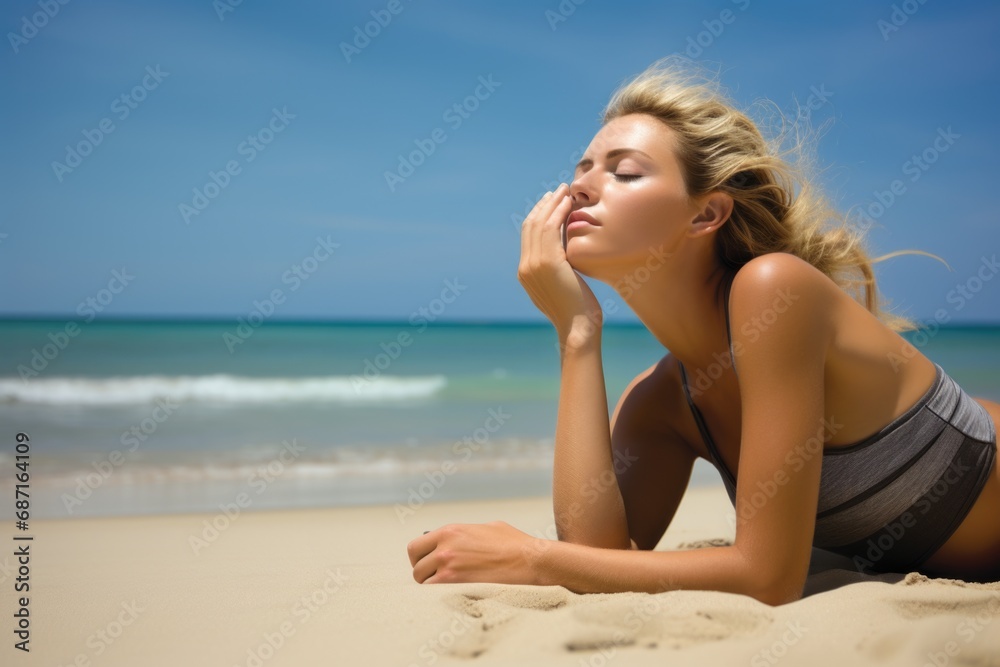 Woman inhaling deeply at the beach Woman inhaling deeply at the beach