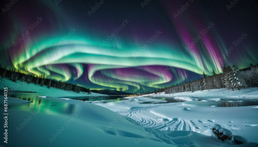 Winter landscape at night with colored northern lights background
