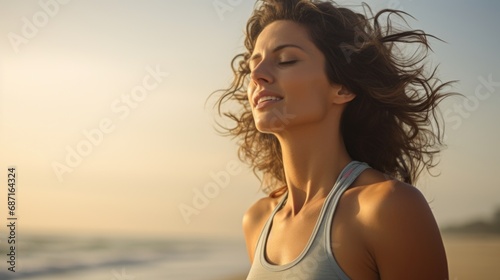 Woman inhaling deeply at the beach © Ezio Gutzemberg
