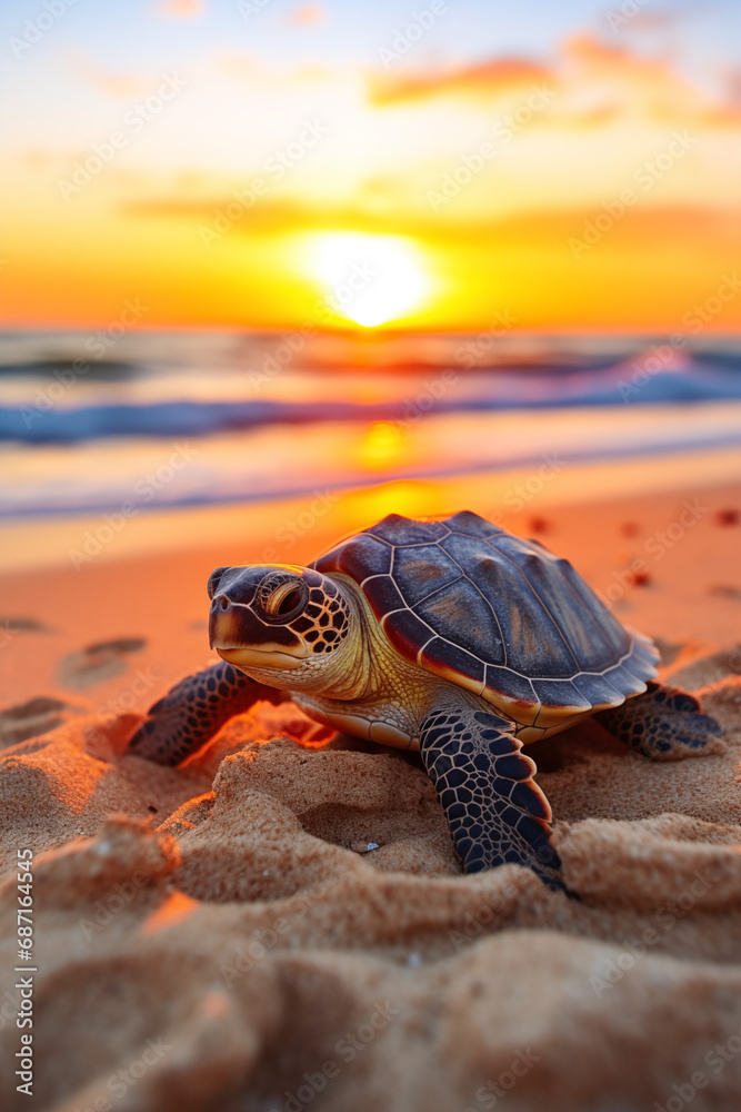 A  sea turtle walks on a sandy beach at sunrise.