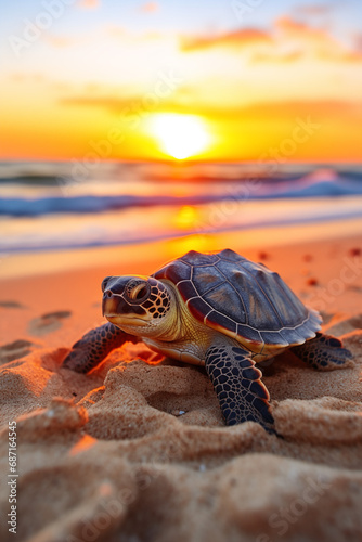 A  sea turtle walks on a sandy beach at sunrise. photo