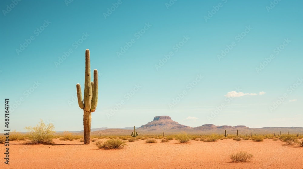 A minimalist desert landscape with a solitary saguaro cactus standing tall against the vastness of the arid terrain.