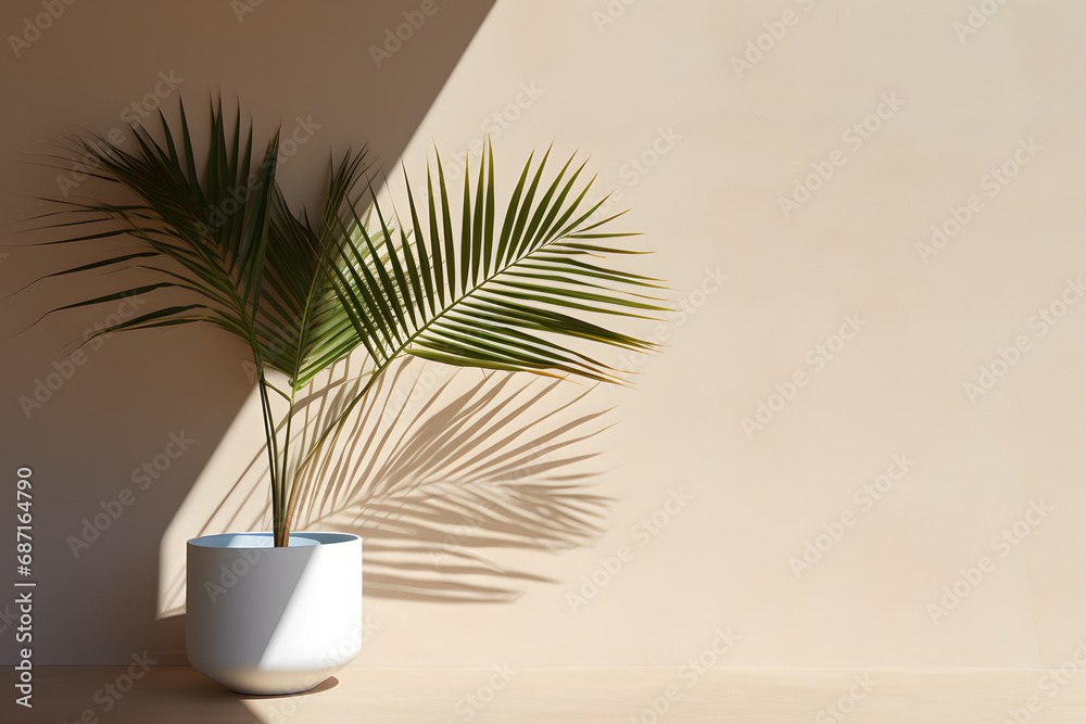 Palm leaf in a white vase on a beige wall Palm leaf in a white vase on a beige wall