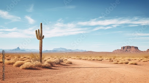 A minimalist desert landscape with a solitary saguaro cactus standing tall against the vastness of the arid terrain.