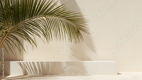 Minimal scene with white podium and palm leaves © wahyu