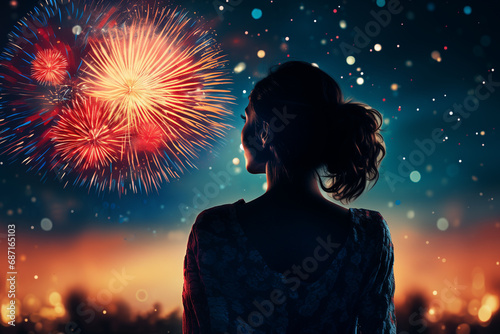Woman watching Fireworks Explode in the Sky