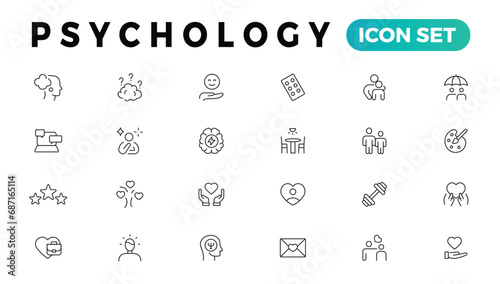 Psychology, Positive thinking line icons collection. Psychology, charity, family, happy, peace icons. UI icon set. Thin outline icons pack