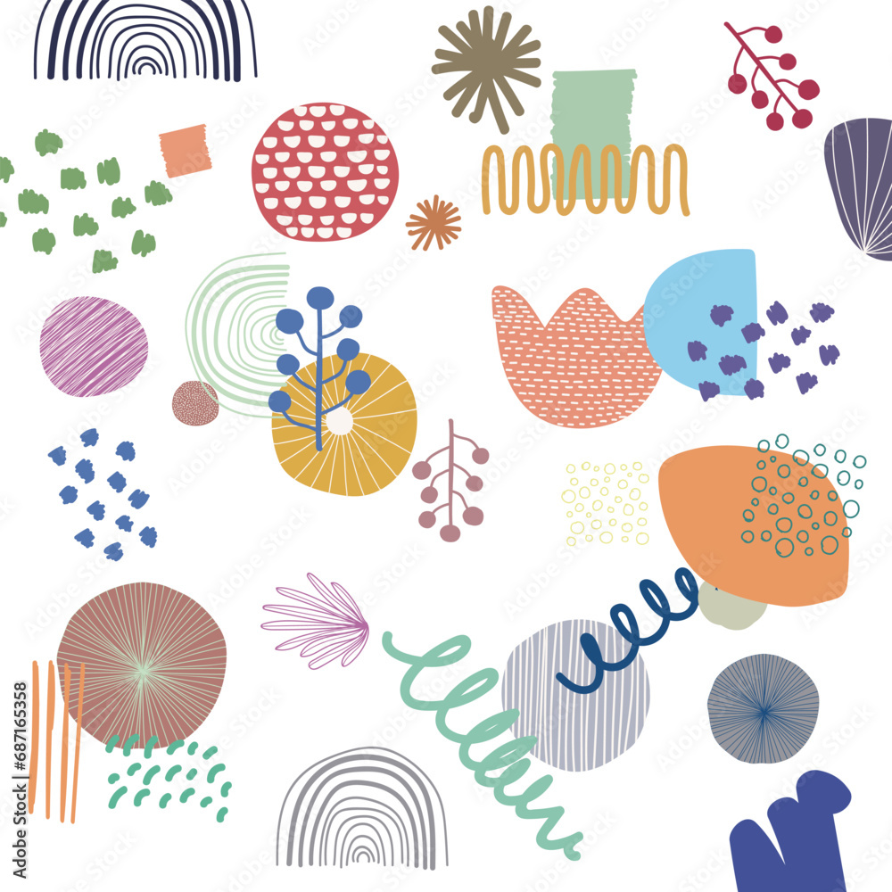 Abstract doodle shapes pattern collage chic background hand drawing illustration set