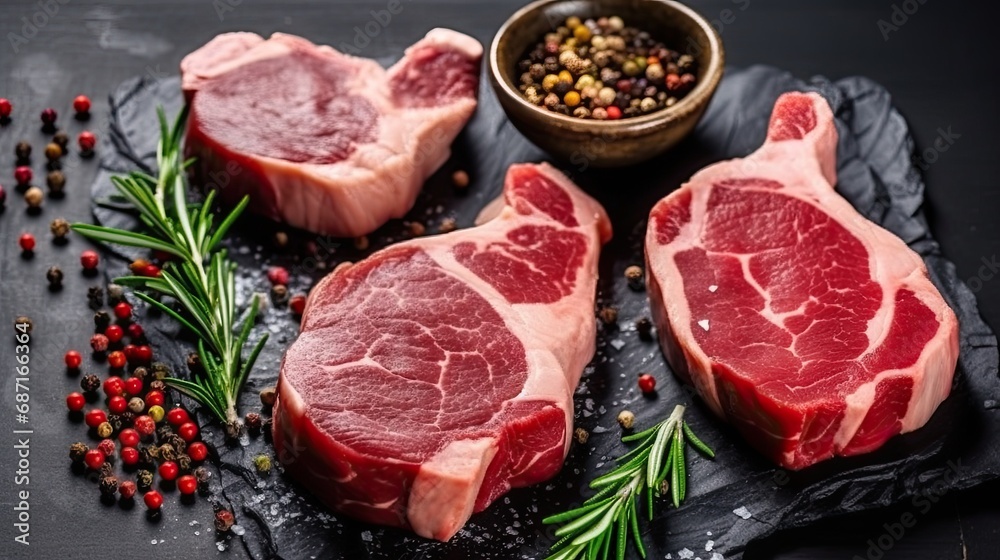 Raw meat, pork and beef steaks with spices Raw meat, pork and beef steaks with spices