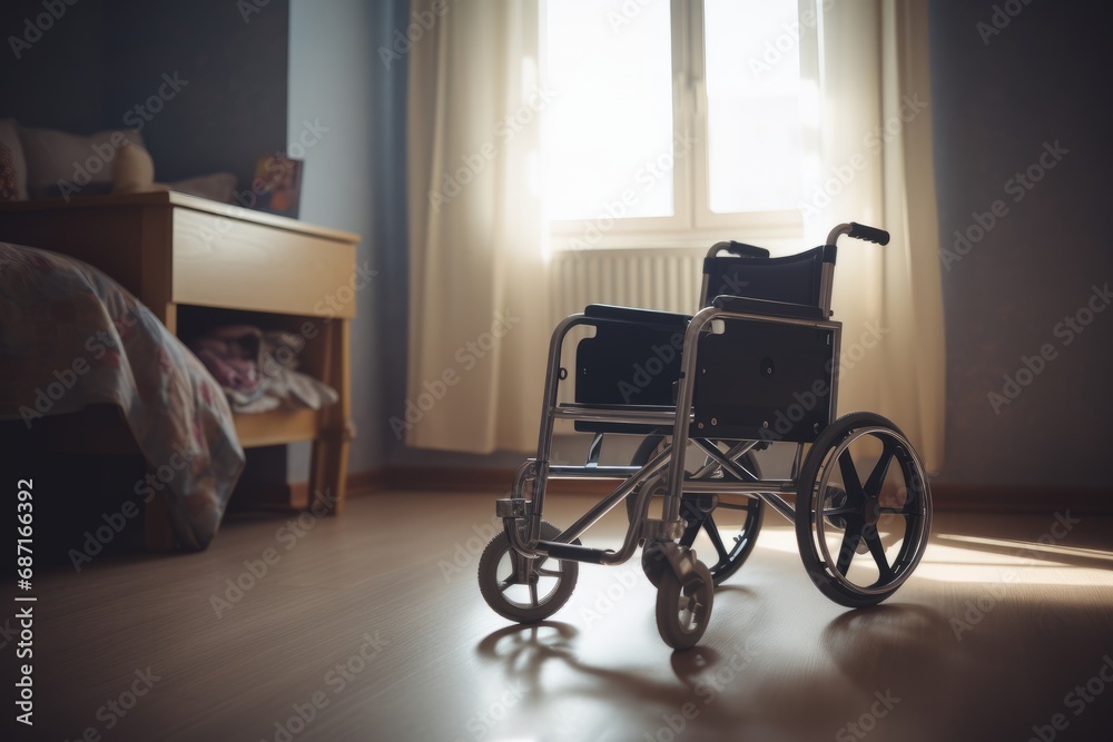 Empty pediatric wheelchair in a child's room symbolizes the absence of mobility for a young user. Challenges faced by children with disabilities and the importance of inclusive spaces concept.
