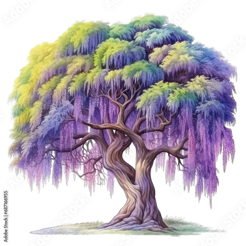 Purple wisteria tree in full bloom, isolated on transparent PNG background