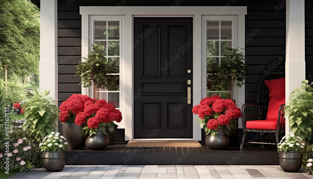 a front door of a house with a black door and potted plants - obrazy, fototapety, plakaty 