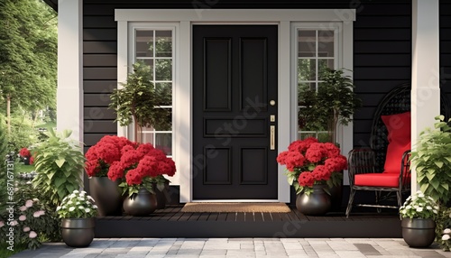 Tela a front door of a house with a black door and potted plants