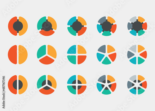 Pie chart set. Colorful diagram collection with 2,3,4,5,6 sections or steps. Circle icons for infographics, UI, web design, and business presentations. Vector illustration.