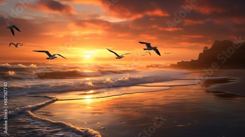 A serene coastal sunrise, with waves gently washing ashore and seagulls silhouetted against the first light of day. © Ibraheem