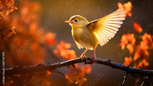 雨の中の鳥、木の上で羽を広げる小鳥