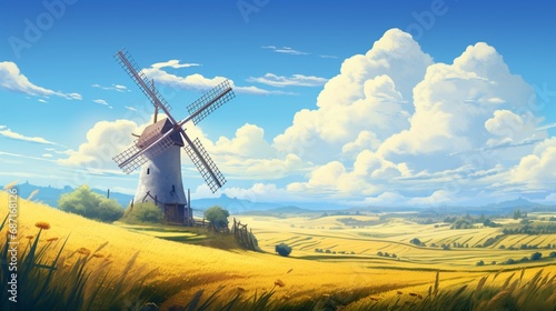 A serene countryside scene with a rustic windmill and fields of golden wheat, capturing the essence of rural tranquility.