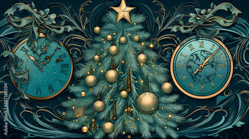 New Year's illustration Christmas tree clock green