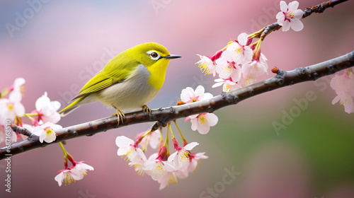 桜とメジロ、さくらの木に止まった鳥のアップ © tota