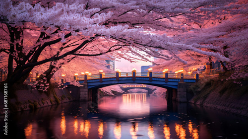 都会の夜桜,、満開の桜と川と橋の風景