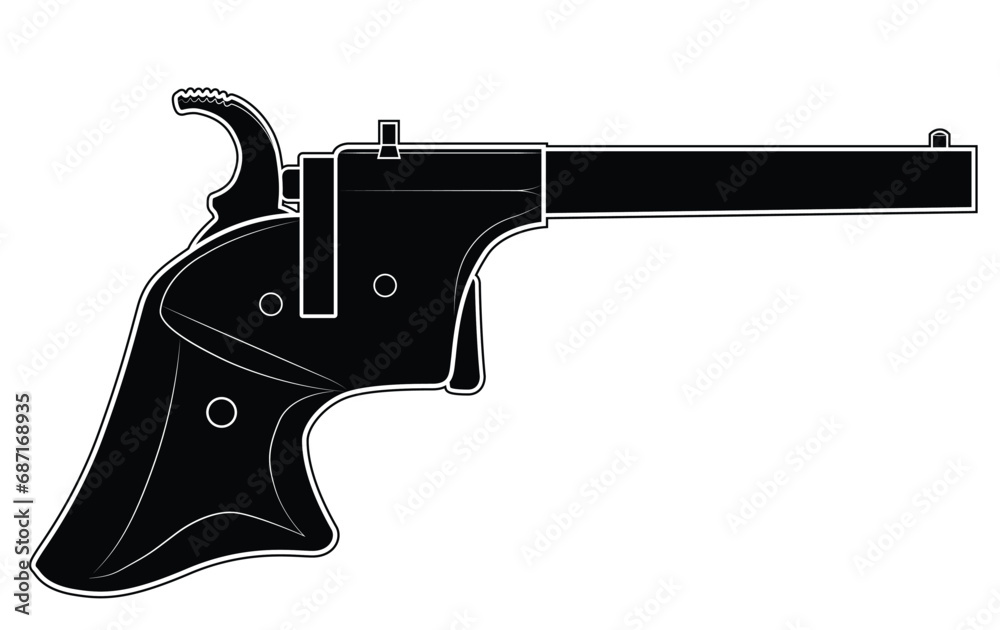 Vecotor illustration of little gun Derringer Rider. Black. Right side.
