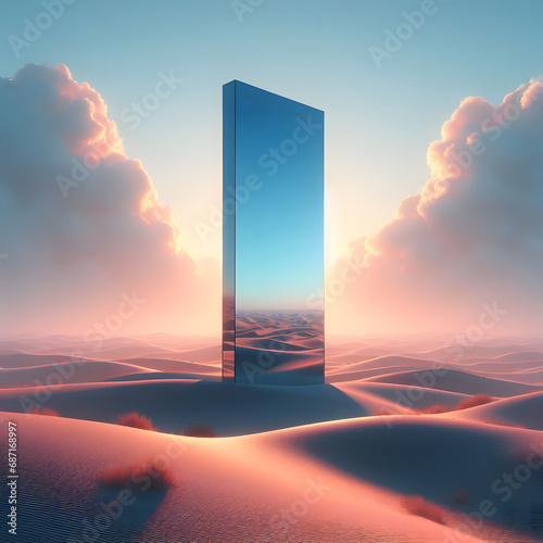 mirror monolith standing in the desert, rectangle shape mirror desert, light blue and pink sky, 3d renderd surreal, digital art, photorealistic ai genarated image photo