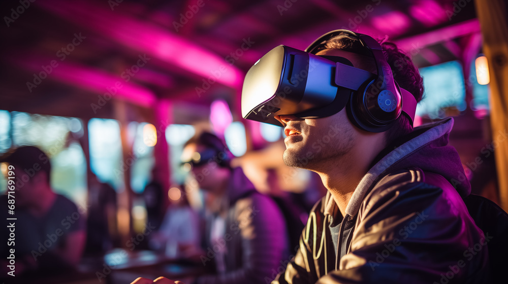 Man enjoying VR in a vibrant cafe setting.