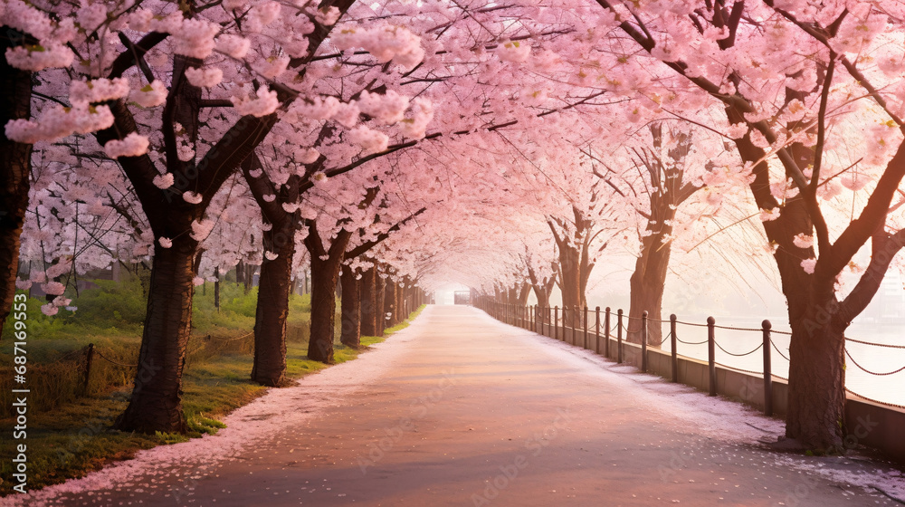 桜並木、満開の桜と公園の散歩道の風景