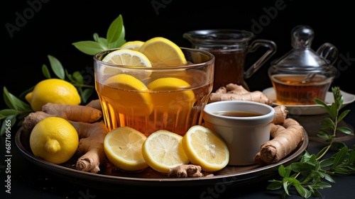 Refreshing citrus drink with lemon slice, honey and ginger.