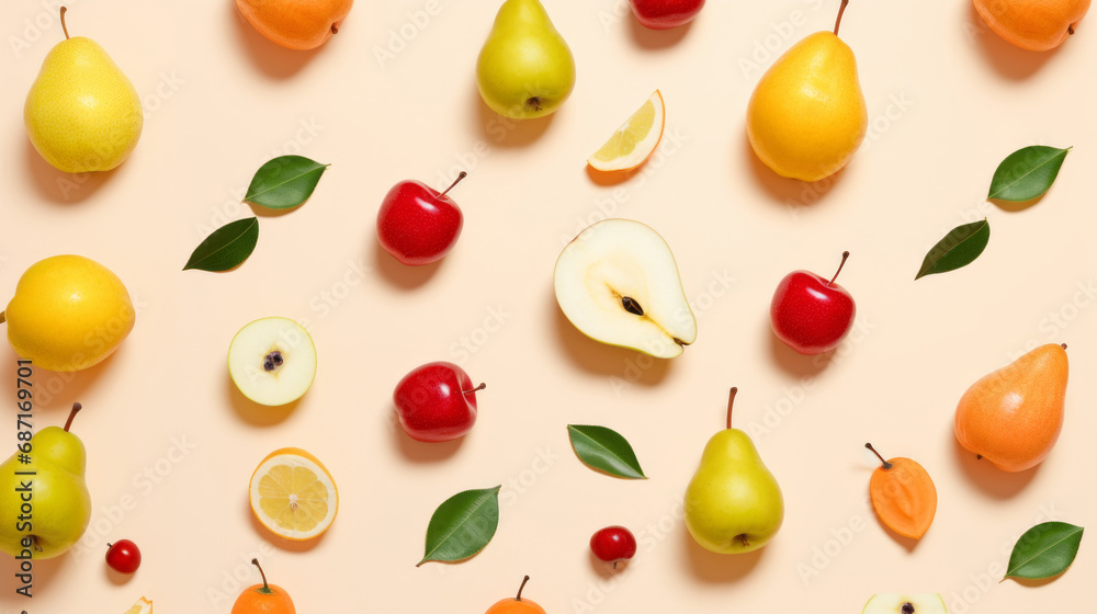 Fresh fruits. Pattern of fruits and berries on a beige background. Flat design.
Fresh fruits. Pattern of fruits and berries on a beige background. Flat design.