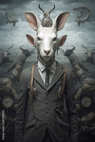 a man in a suit with a goat head