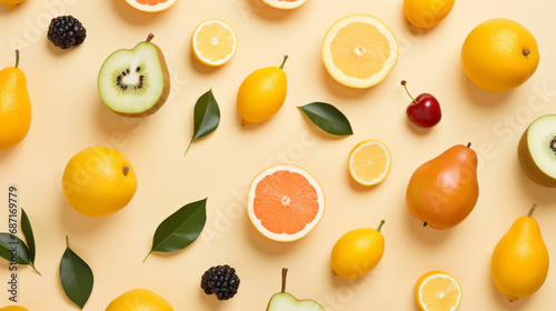 Fresh fruits. Pattern of fruits and berries on a beige background. Flat design. 
