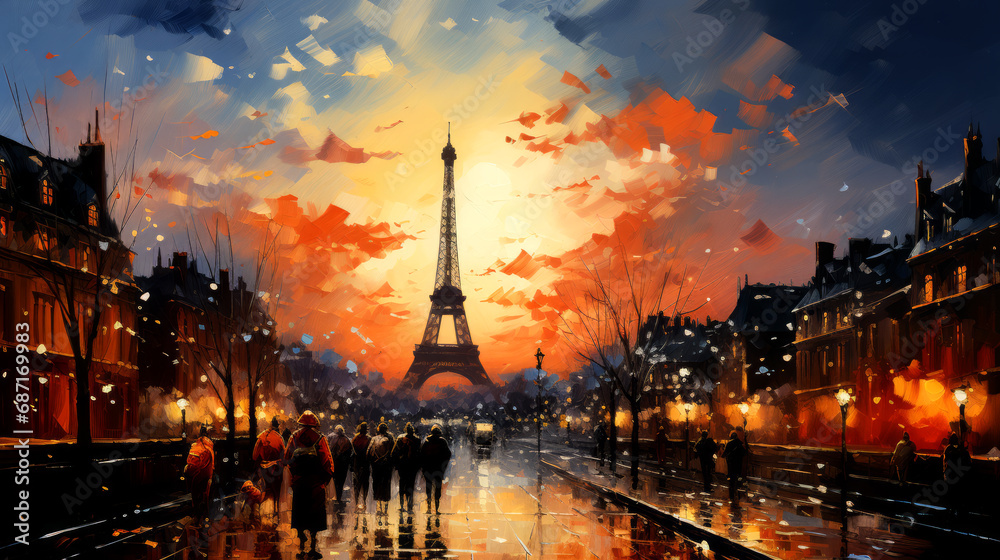 Eiffel Tower in Paris, France. Digital painting illustration. - obrazy, fototapety, plakaty 