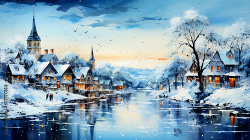 Winter landscape with old town  river and houses.