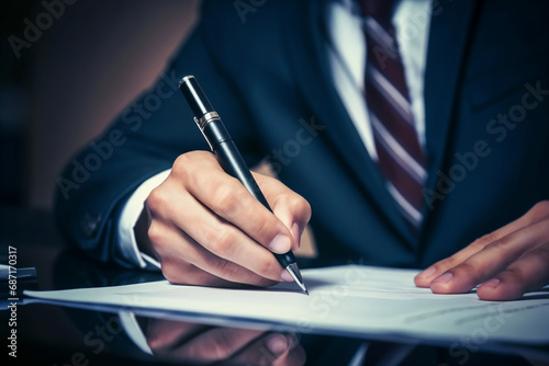 Businessman signing a contract. Close-up of male hands.