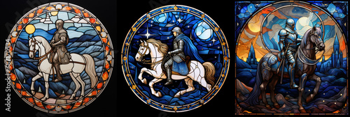 a knight ride a horse on a dark background, stained glass style set