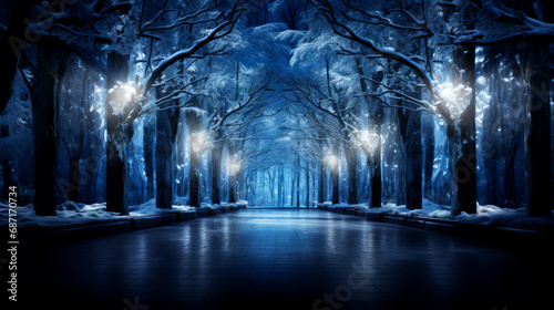 Winter forest at night with road and lanterns.