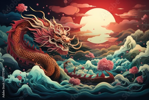 paper cut style chinese dragon illustration In the Chinese New Year theme photo