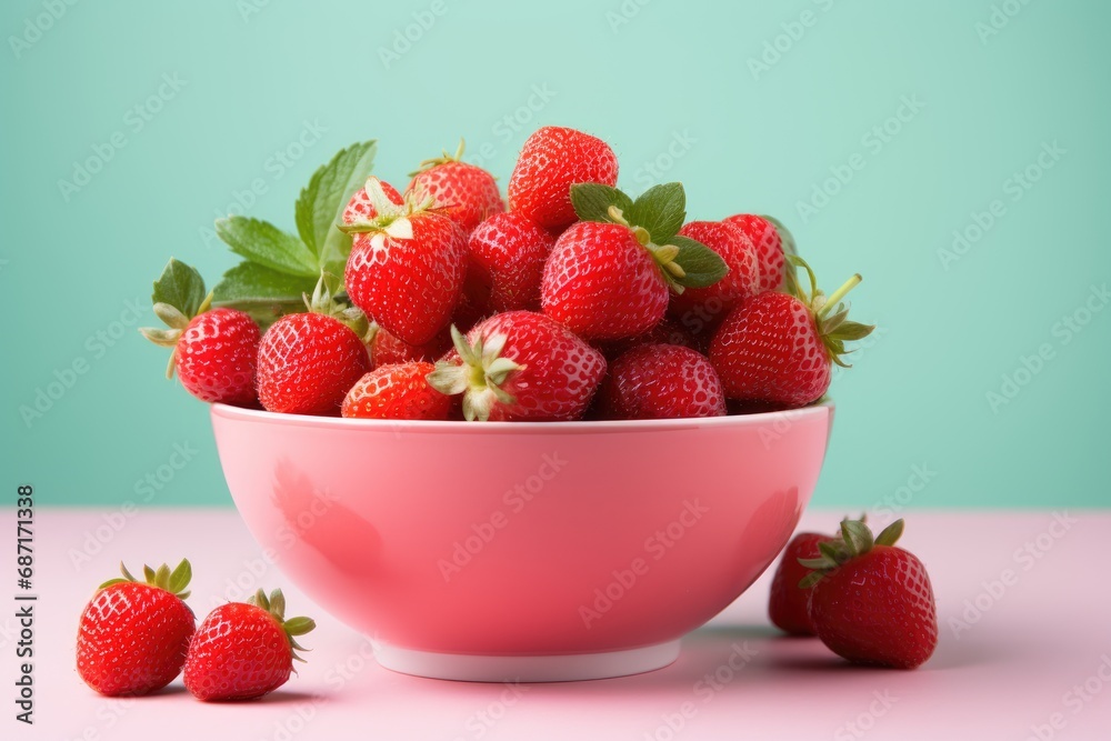 fresh strawberries in a clear bowl On a bright pastel background. fresh strawberries in a clear bowl On a bright pastel background.