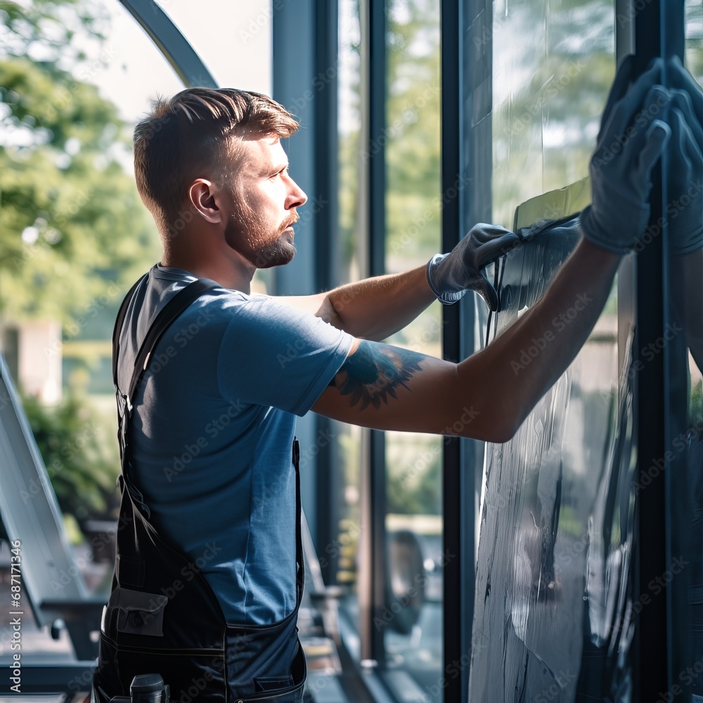 worker use scaraper cleaning window before installing tinting window film. - obrazy, fototapety, plakaty 