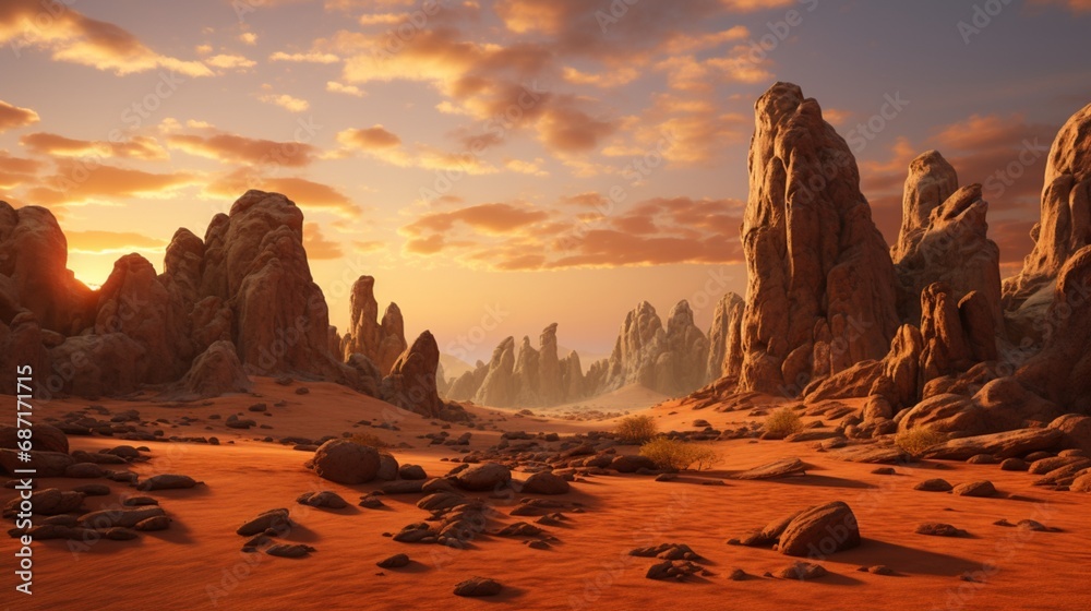 A surreal desert landscape with rock formations casting long shadows in the warm glow of a setting sun.