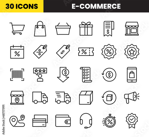 E-commerce Icon Set in Outline Style. Contains such Icons as Shopping Cart, Bag, Basket, Gift, Bill, List, Invoice, Store, Discout, Price, Sale, Tag, Badge, Truck Delivery, Customer Review, and More. photo