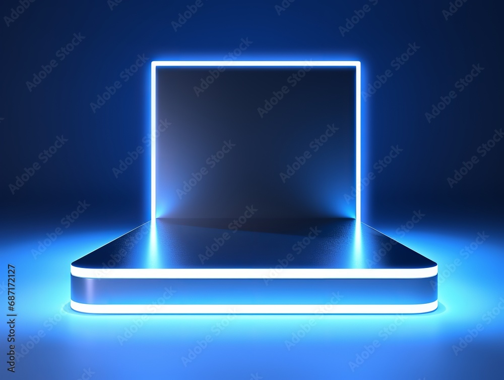 3D digital product background with neon lights, silver block podium with led light reflects on dark dot effect blue background, 3D illustration rendering.