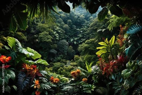 Bird's-eye view of rainforest and flowers