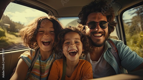 Selfie a Happy Family On a scenic highway Road Trip Adventure photo