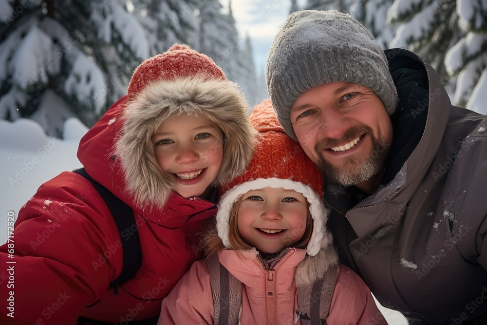 Family photo in winter clothes against a snowy backdrop